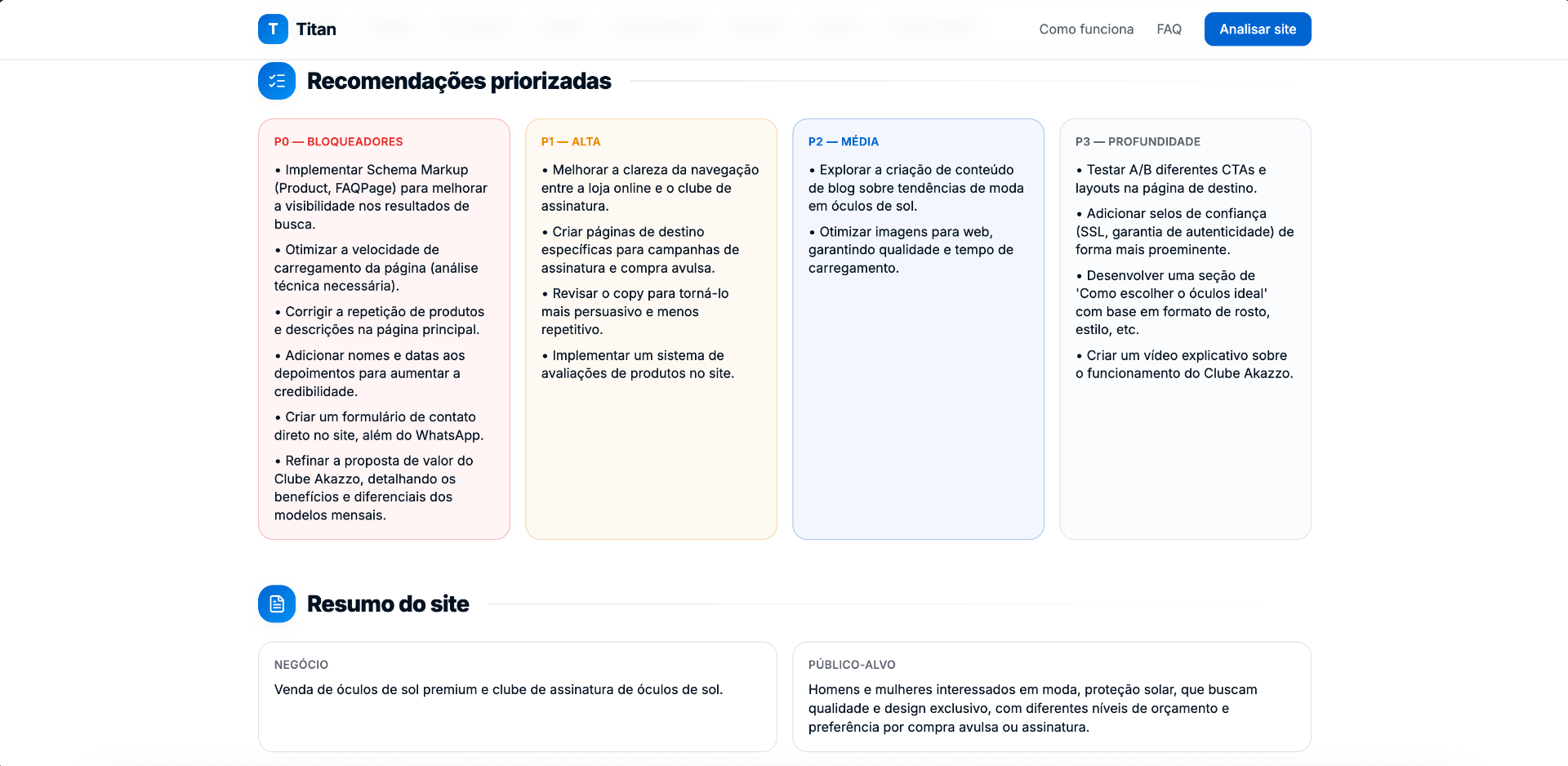 Recomendações priorizadas
